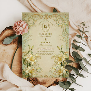 Elegante Ivory Lily Gold Scroll bruiloft Kaart