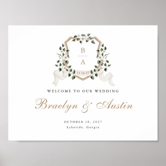 Elegante Ivy Green Floral Crest Welkomstbord Poster (Voorkant)