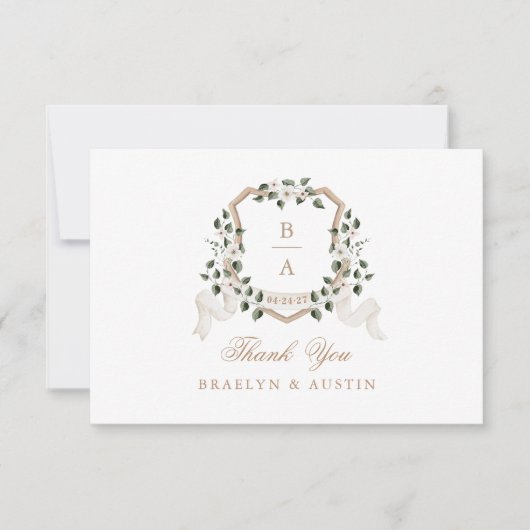 Elegante Ivy groen wit bloemenbruiloft Crest Bedankkaart (Voorkant)