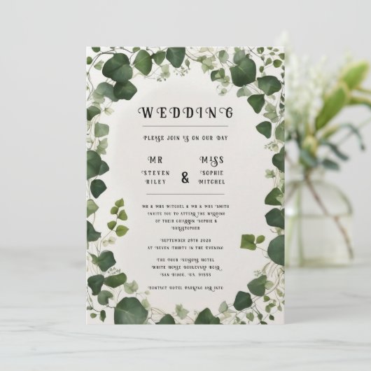 Elegante Ivy Trouwtafel Plan en Uitnodigingen (Staand voorkant)