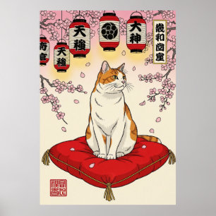Elegante Japanse kat kunst rode kussen kersenbloes Poster
