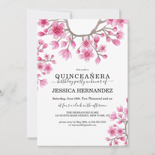 Elegante Japanse kersenbloesem Floral Quinceañera Kaart (Voorkant)