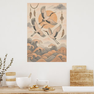 Elegante Japanse Kraan Wandkunst Minimalistisch Poster