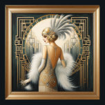 Elegante jaren 1920 Art Deco Flapper Lady, Gedrukt Poster<br><div class="desc">Elegante jaren 1920 Art Deco Flapper Lady,  Gedrukt Lijst,  Witte jurk en veren hoofdjurk</div>