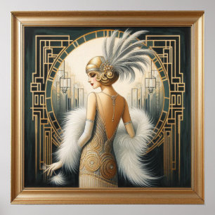Elegante jaren 1920 Art Deco Flapper Lady, Gedrukt Poster
