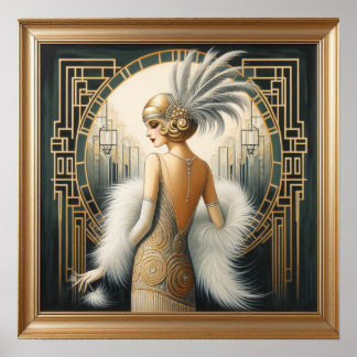 Elegante jaren 1920 Art Deco Flapper Lady, Gedrukt Poster