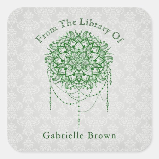 Elegante Jeweled Zen Mandala Damast Bookplate Vierkante Sticker (Voorkant)