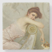 Elegante jonge dame streelen haar puppy hond stenen onderzetter (Voorkant)