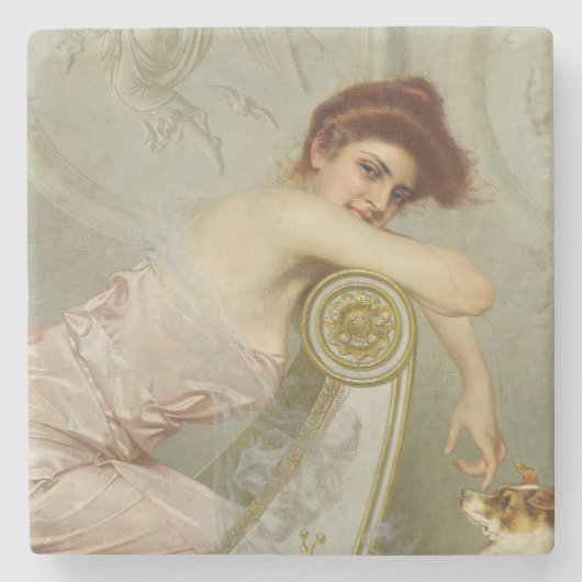 Elegante jonge dame streelen haar puppy hond stenen onderzetter (Voorkant)