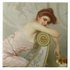 Elegante jonge dame streelen haar puppy hond tegeltje