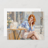 Elegante jongedame in blauw en wit in een café briefkaart (Voorkant / Achterkant)