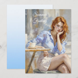 Elegante jongedame in blauw en wit in een café kaart