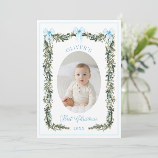 Elegante jongen eerste kerstfotokaart kaart (Staand voorkant)