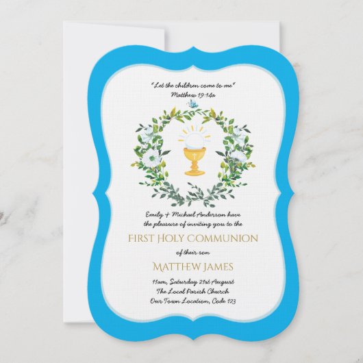 Elegante jongens blauwe bloemen eerste heilige com kaart (Voorkant)