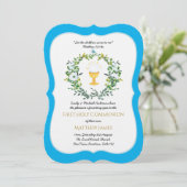 Elegante jongens blauwe bloemen eerste heilige com kaart (Staand voorkant)