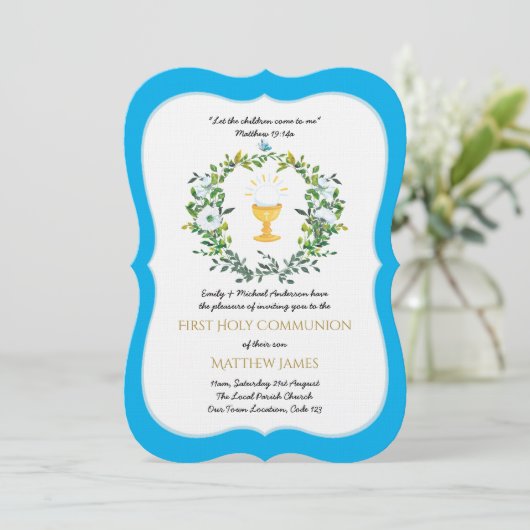Elegante jongens blauwe bloemen eerste heilige com kaart (Staand voorkant)