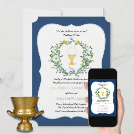 Elegante jongens marineblauwe bloemen eerste commu kaart