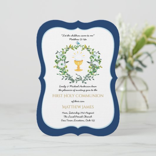 Elegante jongens marineblouse met bloemen eerste h kaart (Staand voorkant)