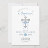 Elegante jongensdoop blauwe strik zilveren kruis g kaart (Voorkant)