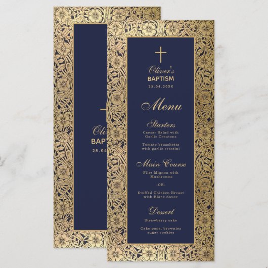 Elegante Jongensdoop Navy Blue Gold Rozen Menu (Voorkant / Achterkant)