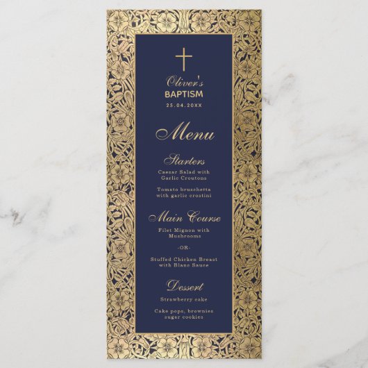 Elegante Jongensdoop Navy Blue Gold Rozen Menu (Voorkant)