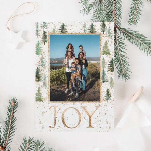 Elegante Joy Green Gold Holiday Photo Card Feestdagenkaart