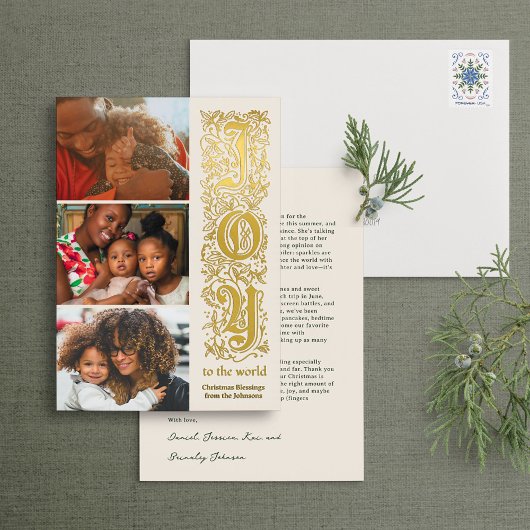 Elegante “Joy to the World” Multi-Foto Kerstmis Folie Uitnodiging