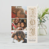 Elegante "Joy to the World" Multi-Photo Faux-Folie Feestdagenkaart (Staand voorkant)