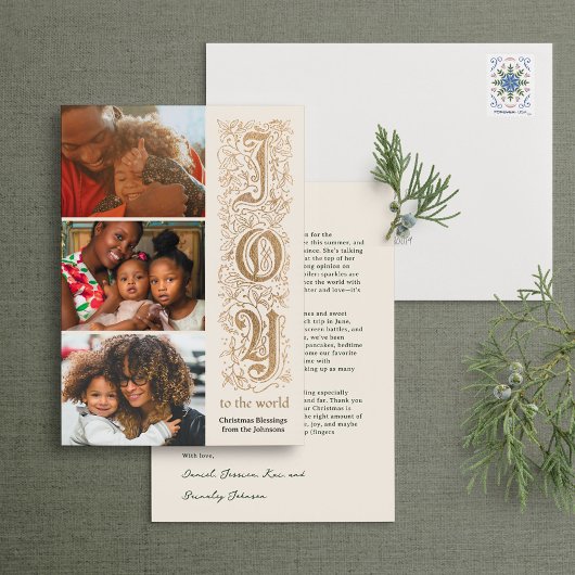 Elegante "Joy to the World" Multi-Photo Faux-Folie Feestdagenkaart