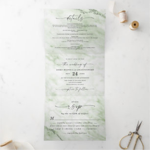 Elegante Juniper Sage Groen Metallic Marmer Bruilo Drieluik Uitnodiging