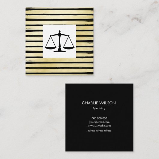 Elegante jurist zwart gouden folie gestreepte verf vierkante visitekaartje (Voorkant / Achterkant)