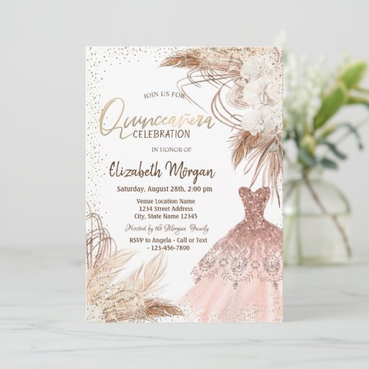 Elegante jurk, Confetti Boho Flowers Quinceañera Kaart (Staand voorkant)