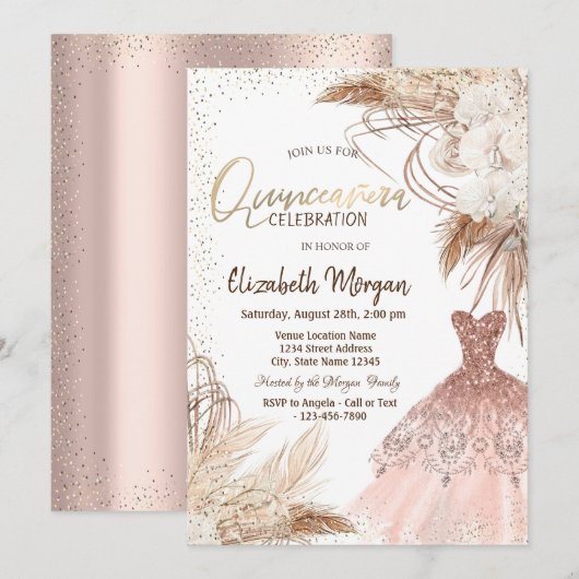 Elegante jurk, Confetti Boho Flowers Quinceañera Kaart (Voorkant / Achterkant)