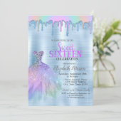 Elegante jurk regenboog druppels blauw metallic kaart (Staand voorkant)