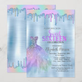 Elegante jurk regenboog druppels blauw metallic kaart (Voorkant / Achterkant)