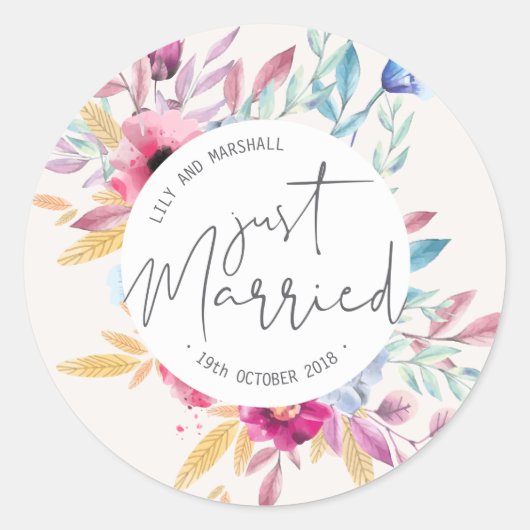 Elegante Just Married Trouwen | Stickerzegel Ronde Sticker (Voorkant)