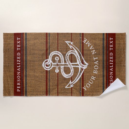 Elegante jute anker nautische bootnaam op maat strandlaken (Voorkant)
