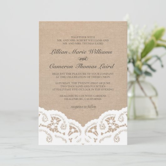 Elegante jute kant bruiloft uitnodiging (Staand voorkant)