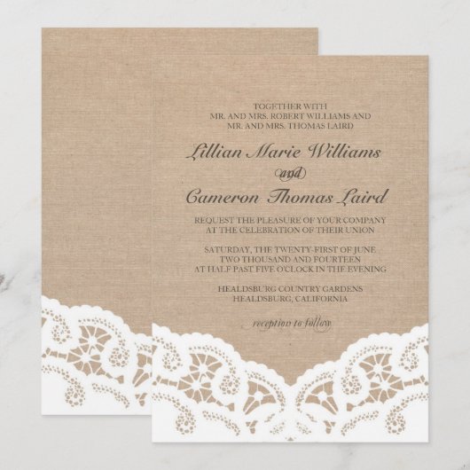 Elegante jute kant bruiloft uitnodiging (Voorkant / Achterkant)