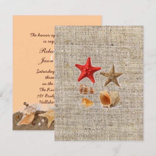 elegante jute  nautische schelpen strand bruiloft kaart (Voorkant / Achterkant)
