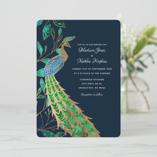 Elegante juwelen pauw bruiloft kaart (Staand voorkant)