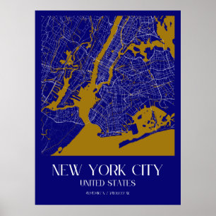 Elegante kaart van New York City - Blue & Gold Urb Poster