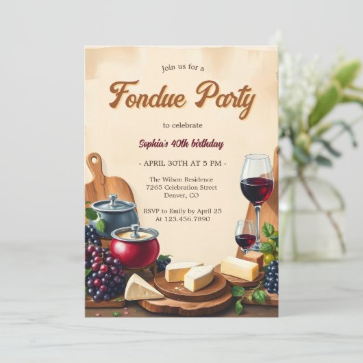 Elegante Kaas Wijn Fondue Verjaardagsfeest Kaart (Staand voorkant)