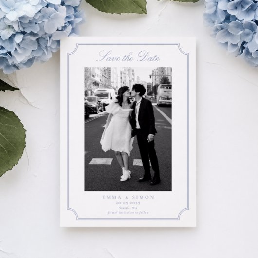 Elegante kader blauwe foto save the date bedankkaart