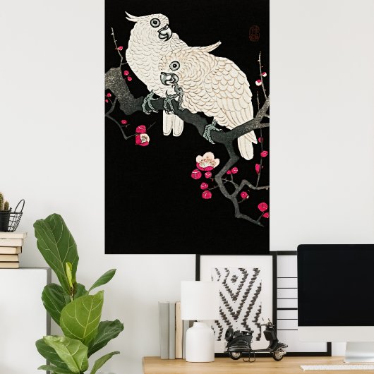 Elegante kaketoes & pruimenbloesem - Japanse kunst Poster (Thuiskantoor)