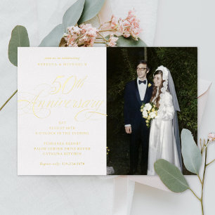 Elegante kalligrafie 50ste gouden jubileum foto folie uitnodiging