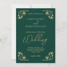 Elegante kalligrafie & ArtDeco gouden & groene bru