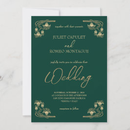 Elegante kalligrafie & ArtDeco gouden & groene bru Kaart