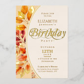 Elegante kalligrafie bladeren vallen haar verjaard folie uitnodiging (Voorkant)