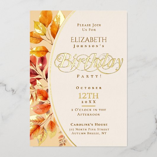 Elegante kalligrafie bladeren vallen haar verjaard folie uitnodiging (Voorkant)
